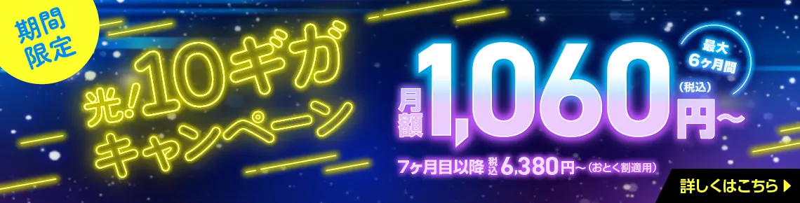 戸建住宅のお客様対象。超高速インターネットが最大6ヶ月間月額1,060円で使えるCCNetの光！10ギガキャンペーン