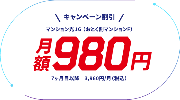 【キャンペーン割引】マンション光1G（おとく割マンションF）月額980円（税込）7ヶ月目以降3,960/月（税込）