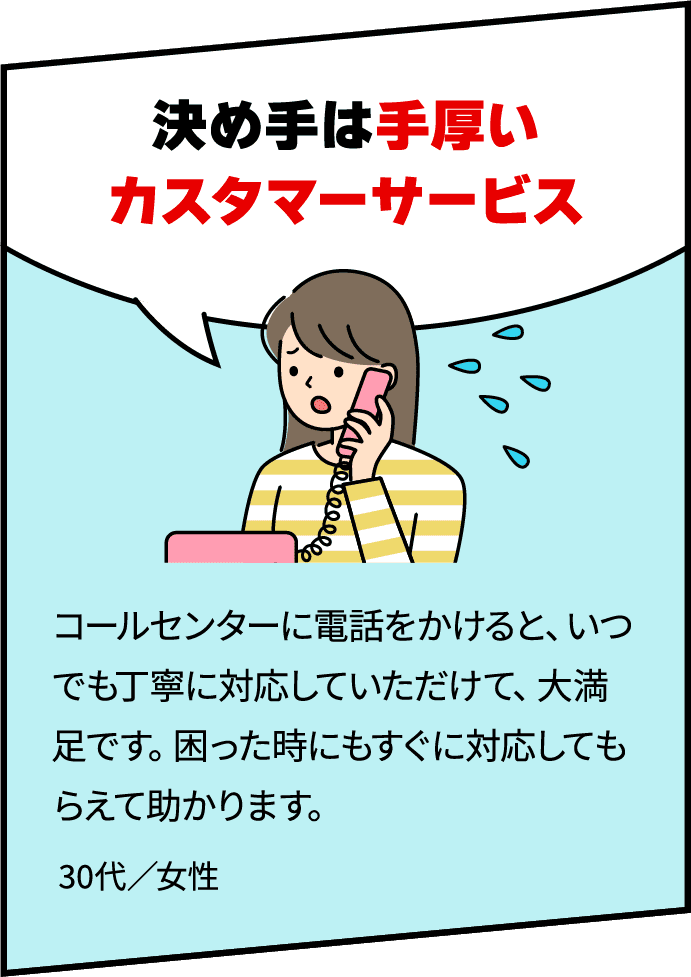 「決め手は手厚いカスタマーサービス」　コールセンターに電話をかけると、いつでも丁寧に対応していただけて、大満足です。困った時にもすぐに対応してもらえて助かります。