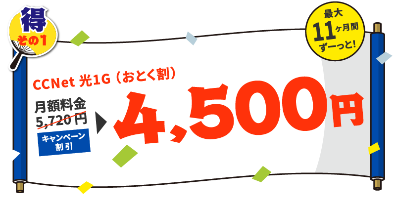 得その1【CCNet 光1G（おとく割）】最大11ヶ月間ずーっと無料！月額料金5,720円→4,500円に！