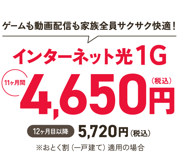 ゲームも動画も家族全員サクサク快適！インターネット光1Gが11ヶ月間4,650円※おとく割（一戸建て）適用の場合